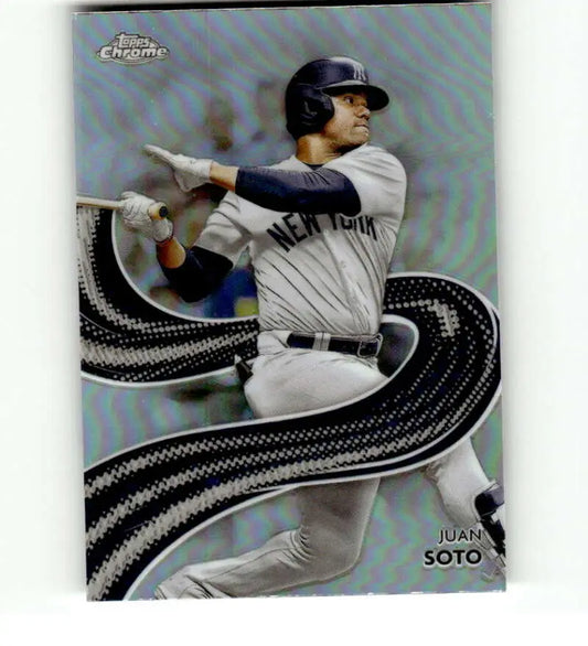 Baseball player in New York Yankees uniform swinging bat on Topps Chrome Strokes card