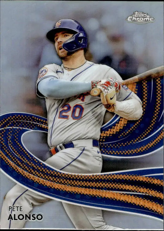 Pete Alonso swinging bat in New York Mets away uniform on Topps Chrome Strokes card