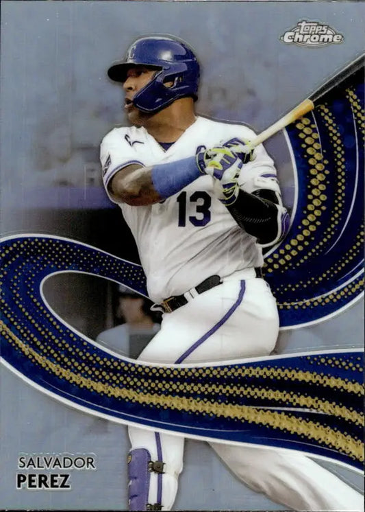 Salvador Perez in white uniform swinging bat for Kansas City Royals baseball card