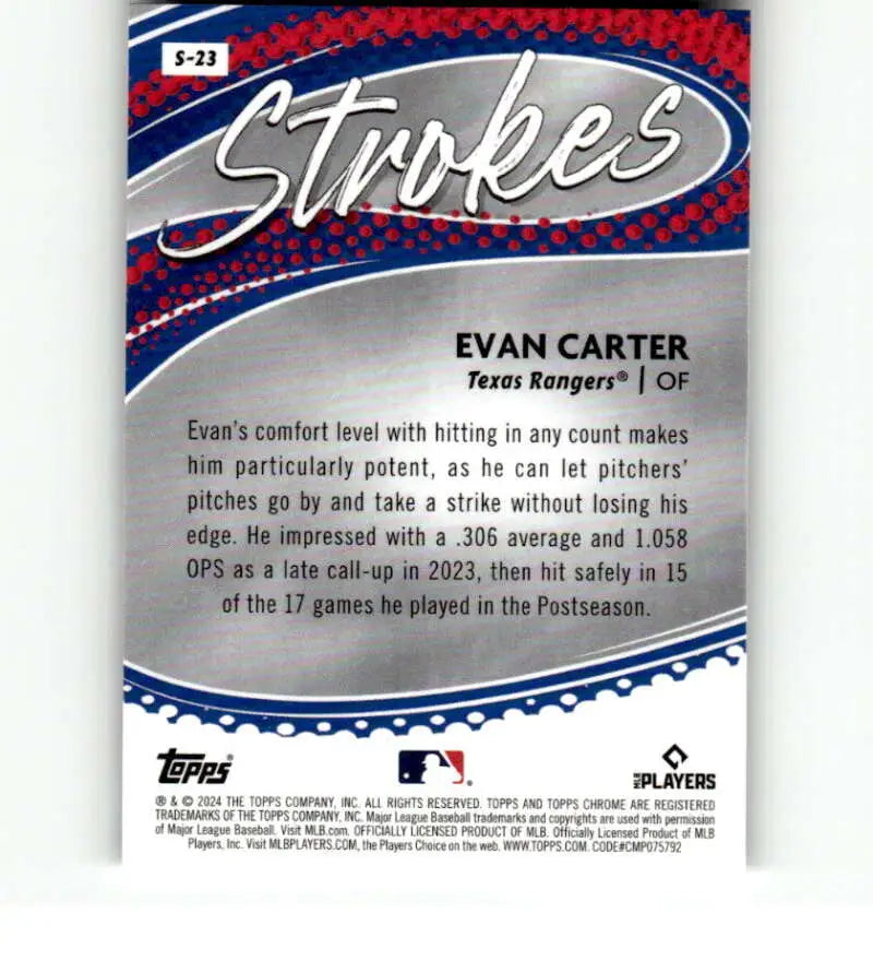 Evan Carter Texas Rangers Baseball Card showcasing player statistics and details