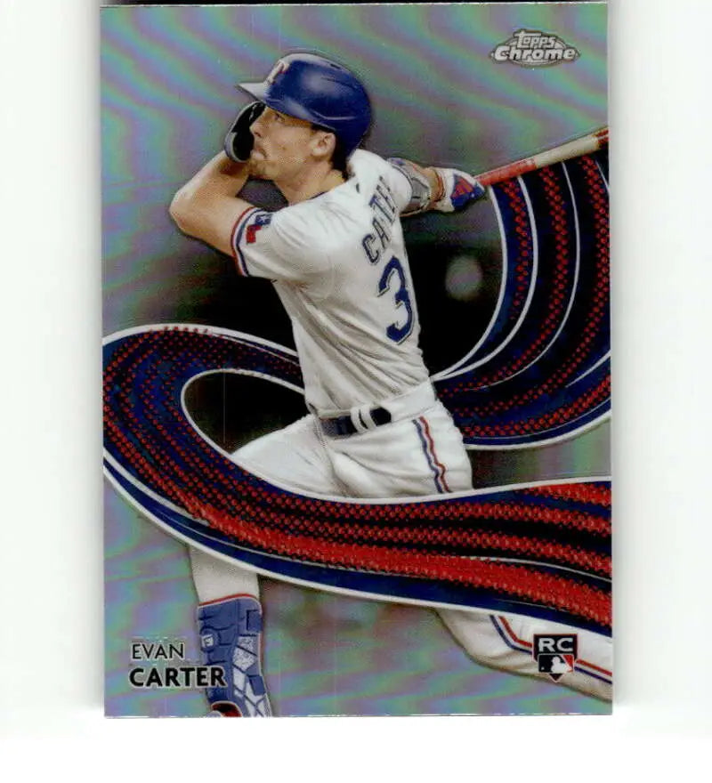 Evan Carter swinging bat on 2024 Topps Chrome Texas Rangers baseball card design