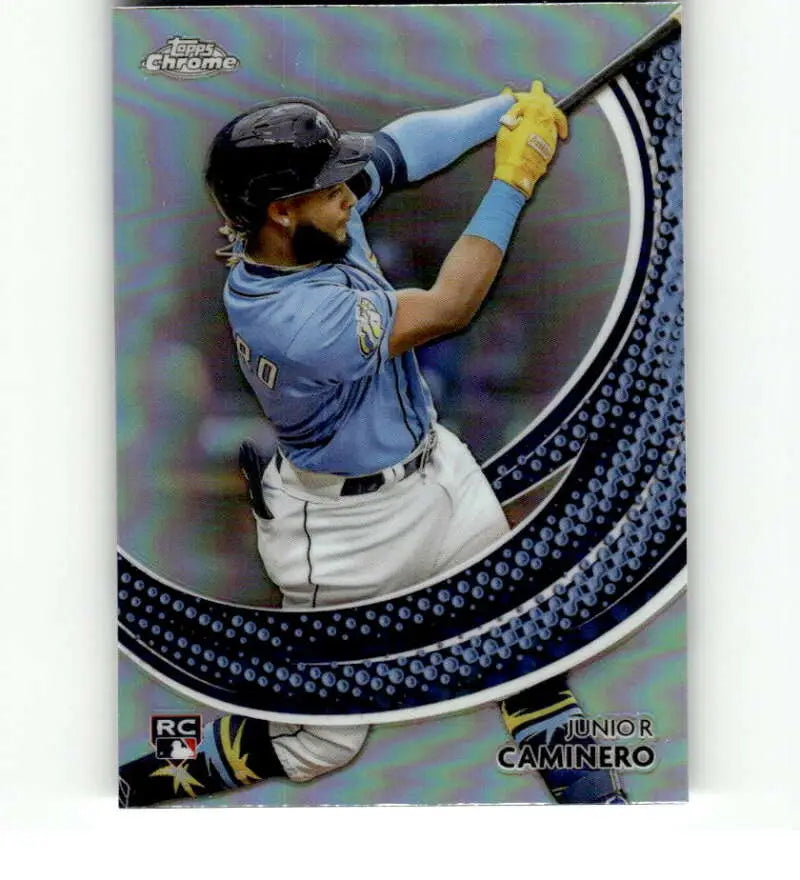 Chrome baseball card of Junior Caminero in a batting stance for Tampa Bay Rays