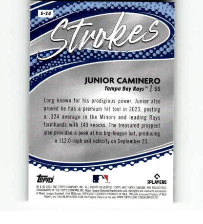 Baseball card of Junior Caminero featuring stats for Tampa Bay Rays player