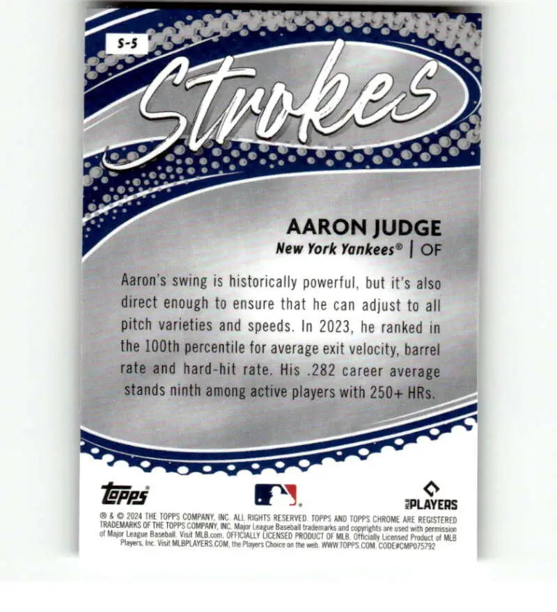 Baseball card showcasing Aaron Judge hitting stats from Topps Chrome Strokes New York Yankees