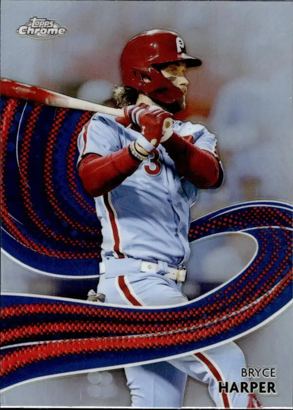 Bryce Harper in white uniform with red helmet on 2024 Topps Chrome Strokes baseball card