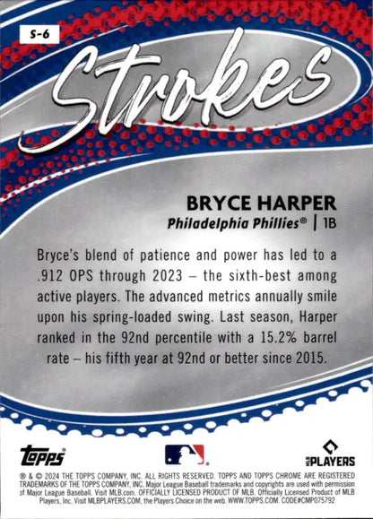 Bryce Harper Topps Chrome Strokes Refractor baseball card with player statistics