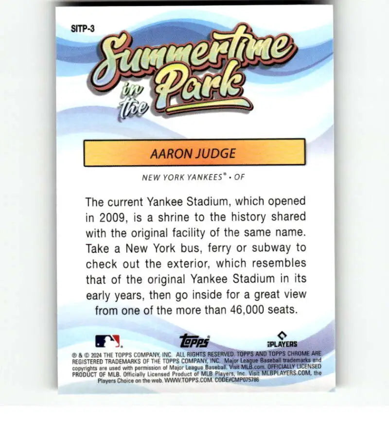 Aaron Judge Baseball Card featuring Yankee Stadium history from Topps Chrome Summertime series