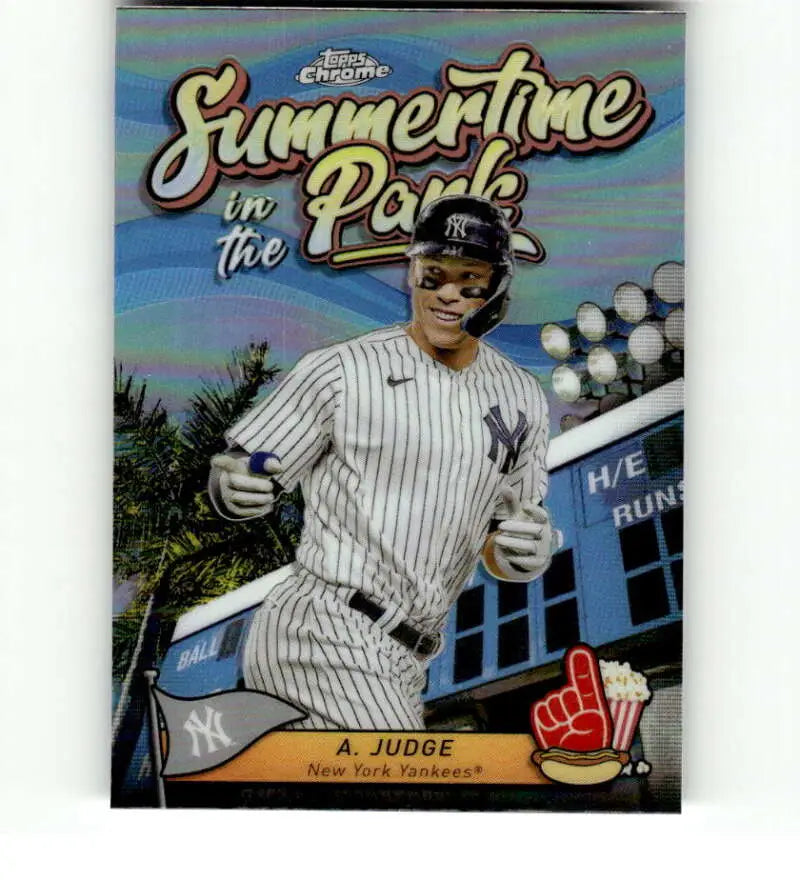 Aaron Judge giving thumbs up on Topps Chrome Summertime baseball card for Yankees