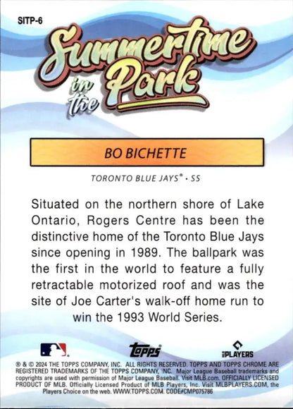 Baseball card of Bo Bichette featuring Rogers Centre for Toronto Blue Jays fans