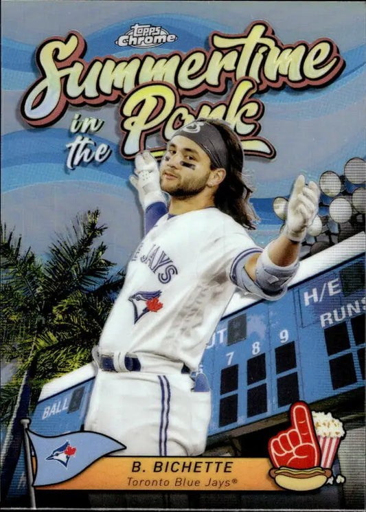 Baseball card of Bo Bichette celebrating for the Toronto Blue Jays at the stadium