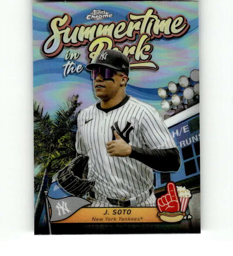 Topps Chrome Summertime in the Park baseball card featuring Juan Soto and New York Yankees