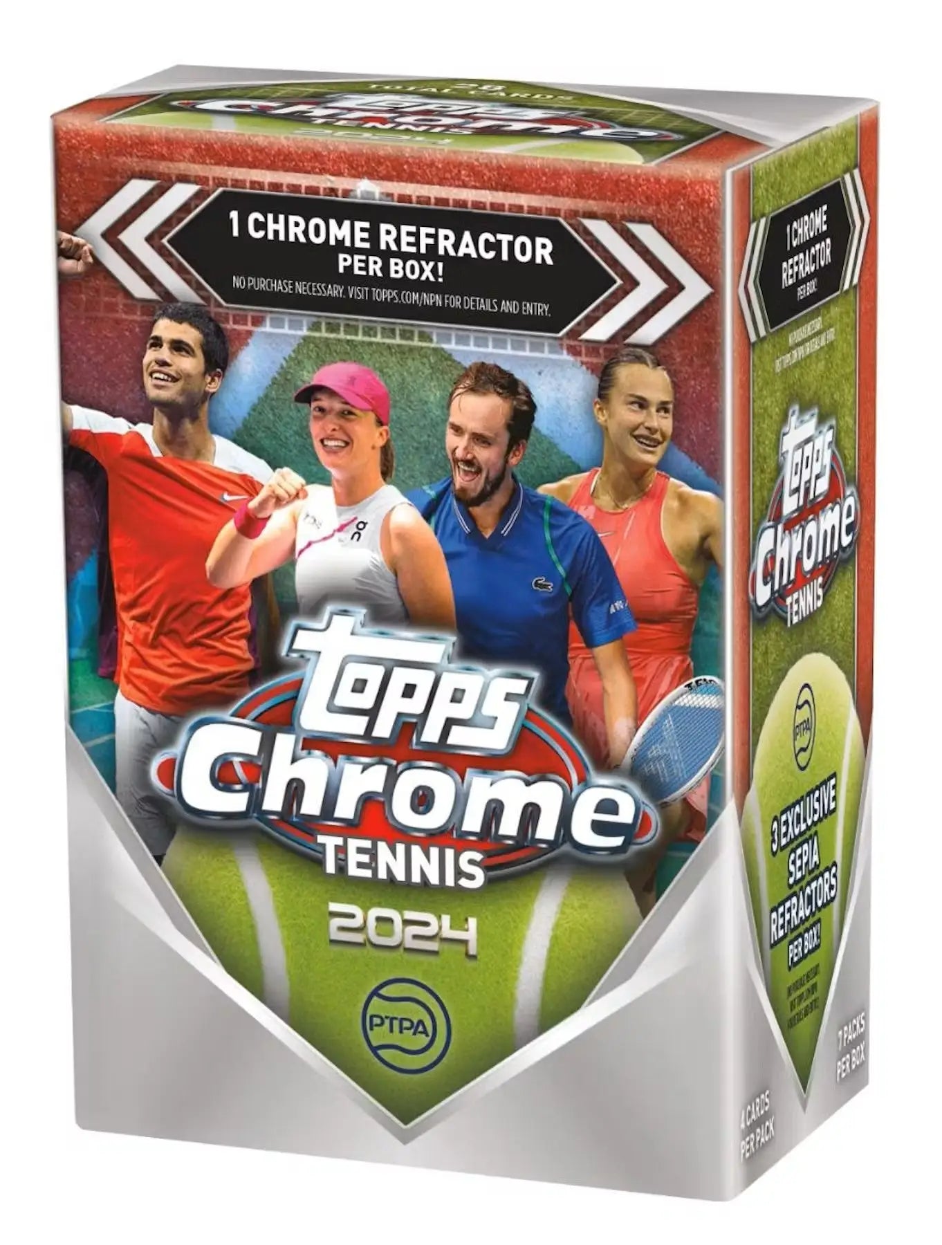 Topps Chrome Tennis 2024 7-Pack Blaster Box featuring professional players on cover