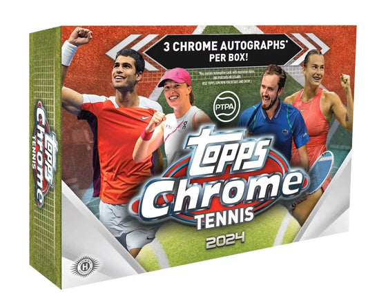 Topps Chrome Tennis 2024 Breakers Delight box with tennis players and gold refractor design