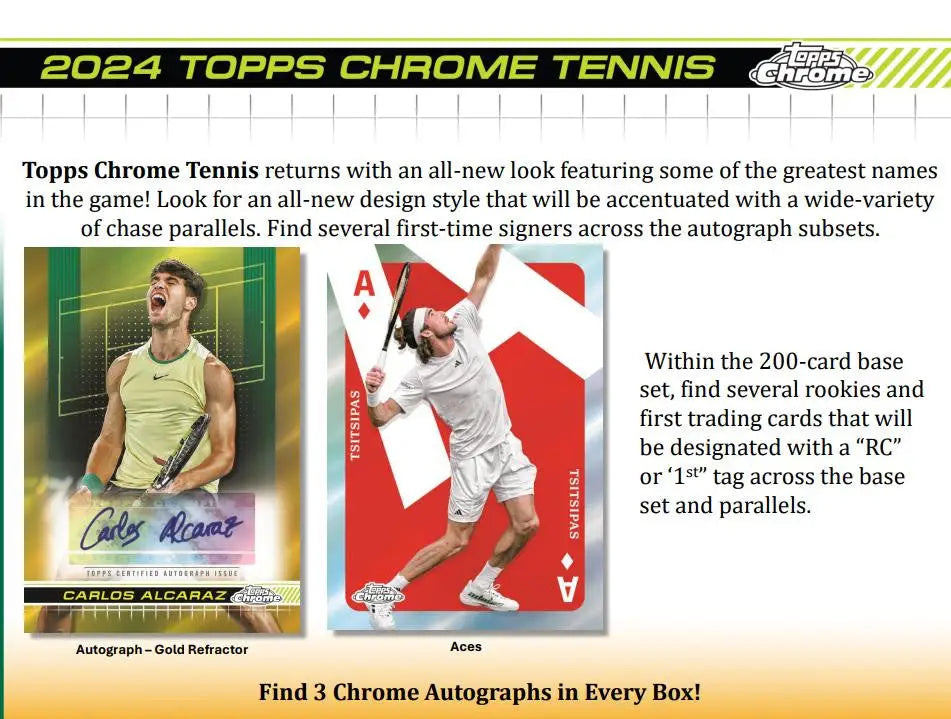 Product advertisement for 2024 Topps Chrome Tennis with sample cards from Hobby Box