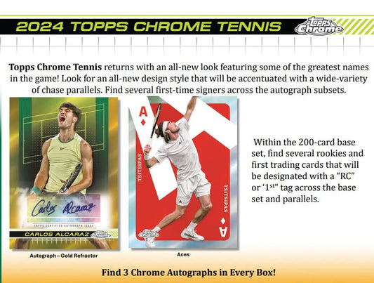 Product advertisement for 2024 Topps Chrome Tennis with sample cards from Hobby Box