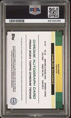 Graded Topps Chrome Tennis autograph card of Carlos Alcaraz, PSA 9 condition