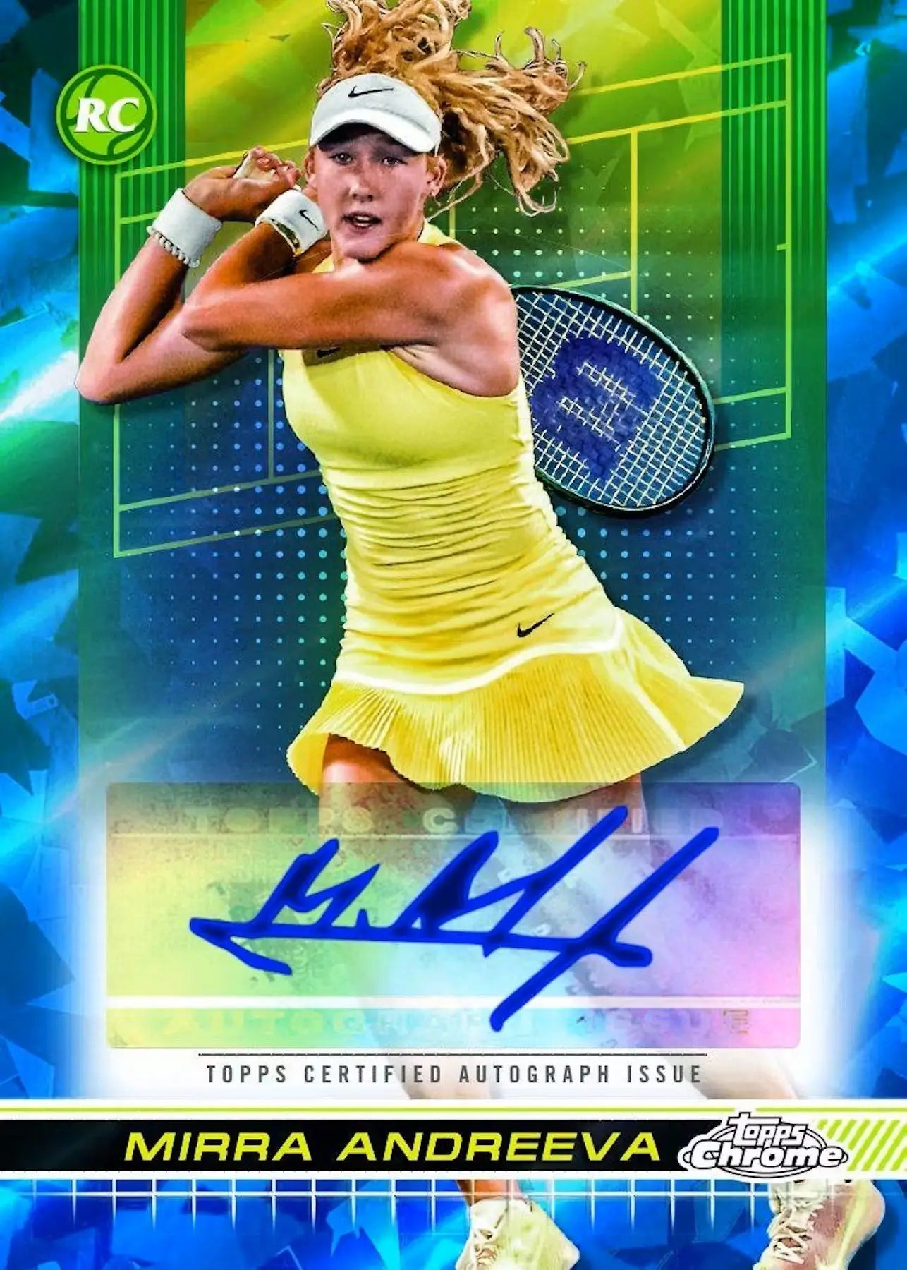 Tennis player in bright yellow dress mid-swing on Topps Chrome Tennis Sapphire trading card