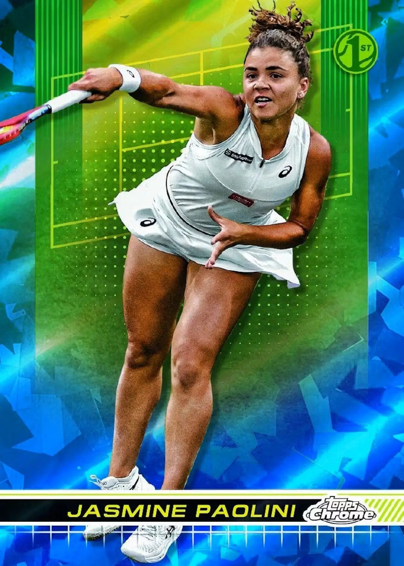 Tennis player in white outfit serving from Topps Chrome Tennis Sapphire Edition Box