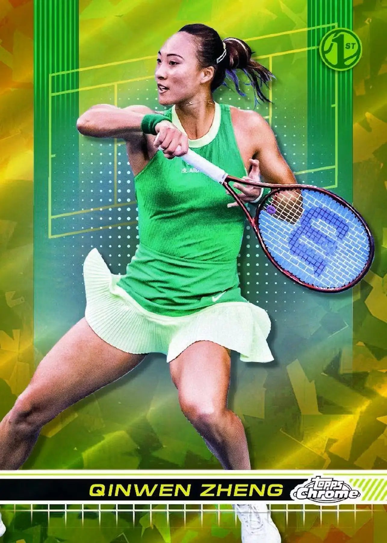 Tennis player in green outfit hitting forehand, Topps Chrome Tennis Sapphire Edition