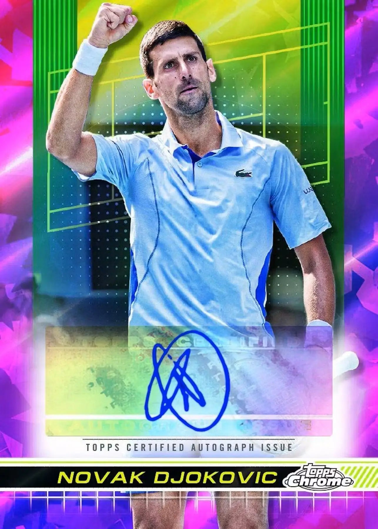 Signed Topps Chrome Tennis trading card of a player in a light blue Lacoste polo