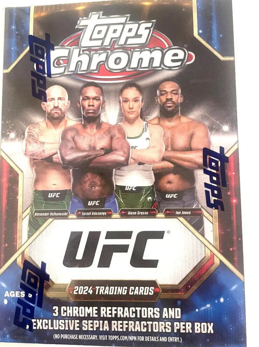 Box of 2024 Topps Chrome UFC trading cards featuring four fighters and refractor cards