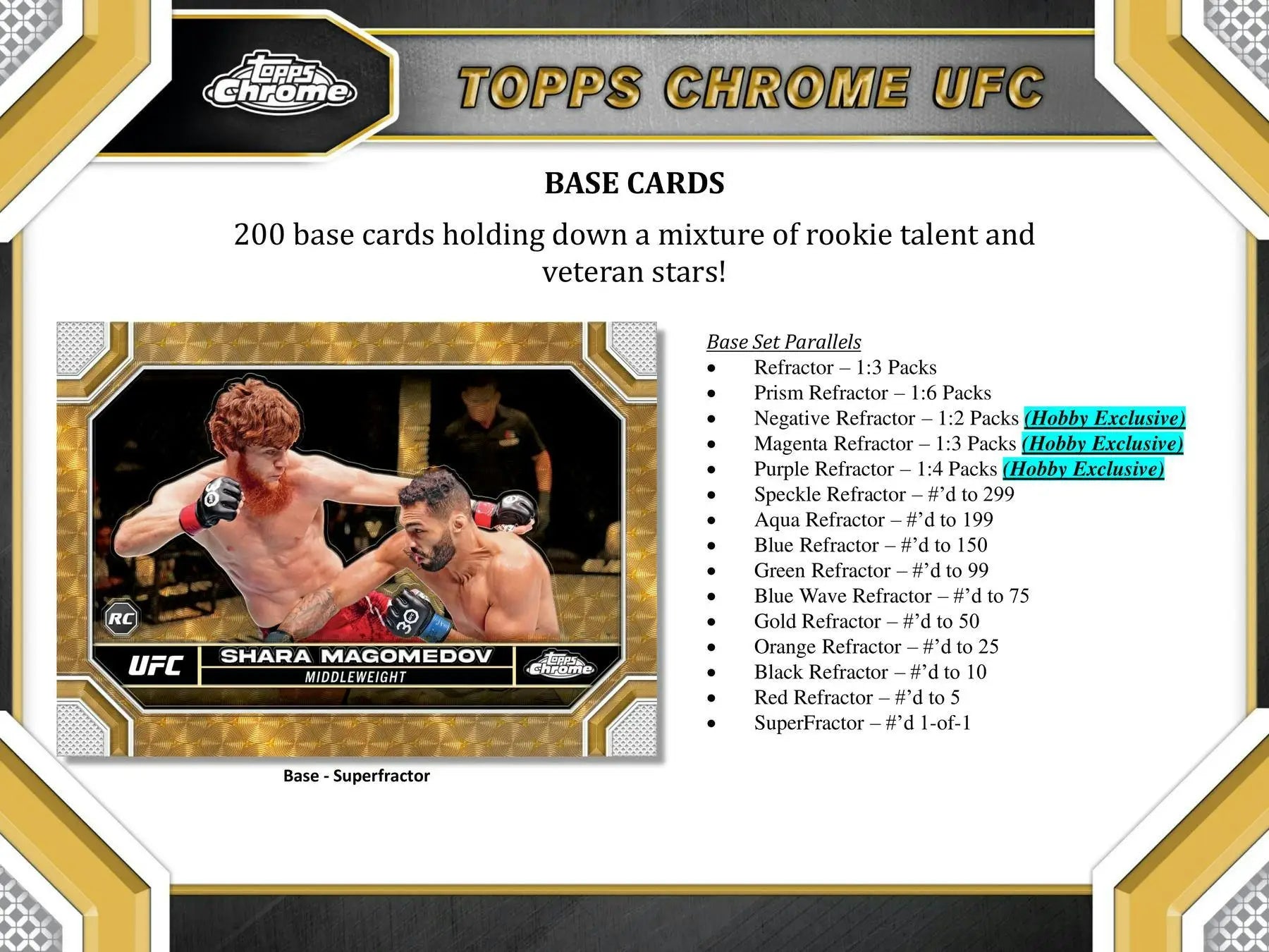 Topps Chrome UFC trading card of an MMA fighter in octagonal frame design, hobby exclusive