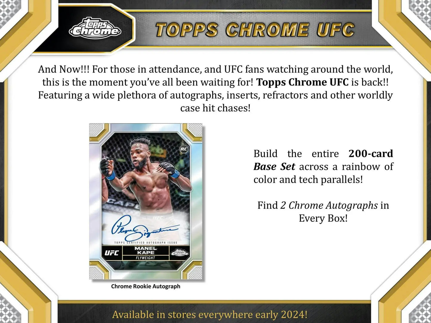 Advertisement for 2024 Topps Chrome UFC Hobby Box featuring autographed fighter card