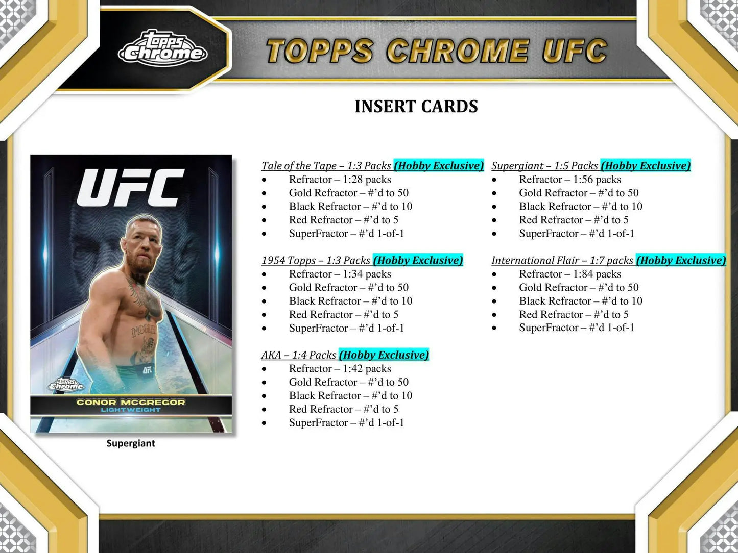 Trading card checklist for 2024 Topps Chrome UFC Hobby Box, featuring Gold and Black Refractor details