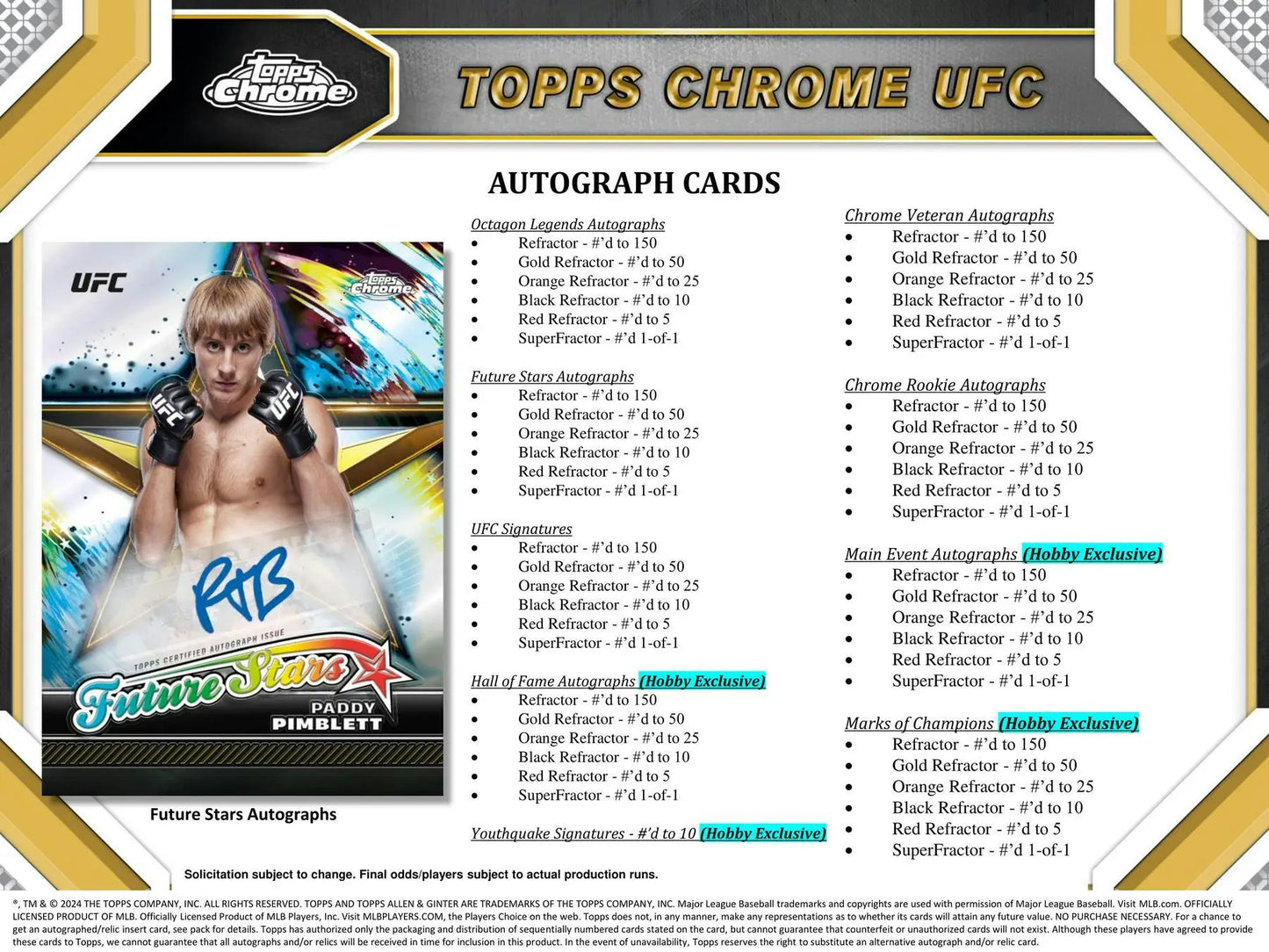 Product checklist and autograph card listing from 2024 Topps Chrome UFC Hobby Box