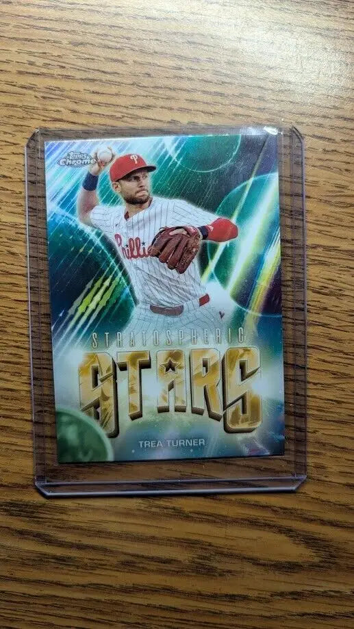 Trea Turner trading card from 2024 Topps Chrome Update Stratospheric Stars collection