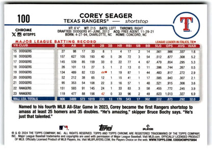 Corey Seager Texas Rangers baseball card featuring Topps Chrome stats and achievements