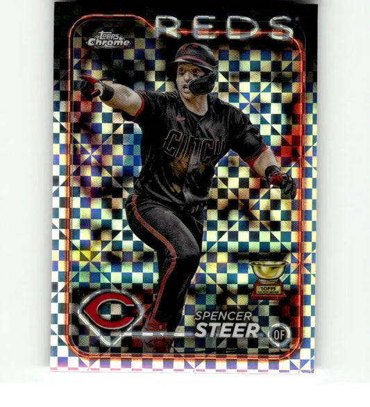 Holographic Spencer Steer Cincinnati Reds Baseball Card mid-delivery in black uniform