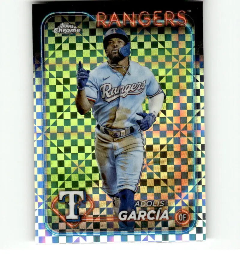 Holographic Adolis Garcia Texas Rangers baseball card in gray uniform for 2024 Topps Chrome