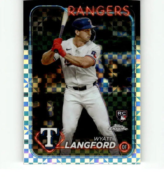 Texas Rangers baseball card of Wyatt Langford in white uniform and blue cap at bat