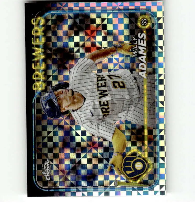 Holographic baseball card of Willy Adames from Milwaukee Brewers in pinstriped uniform