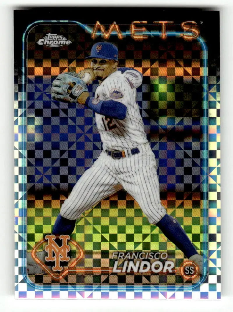 Holographic Topps Chrome baseball card of Francisco Lindor in Mets pinstripes