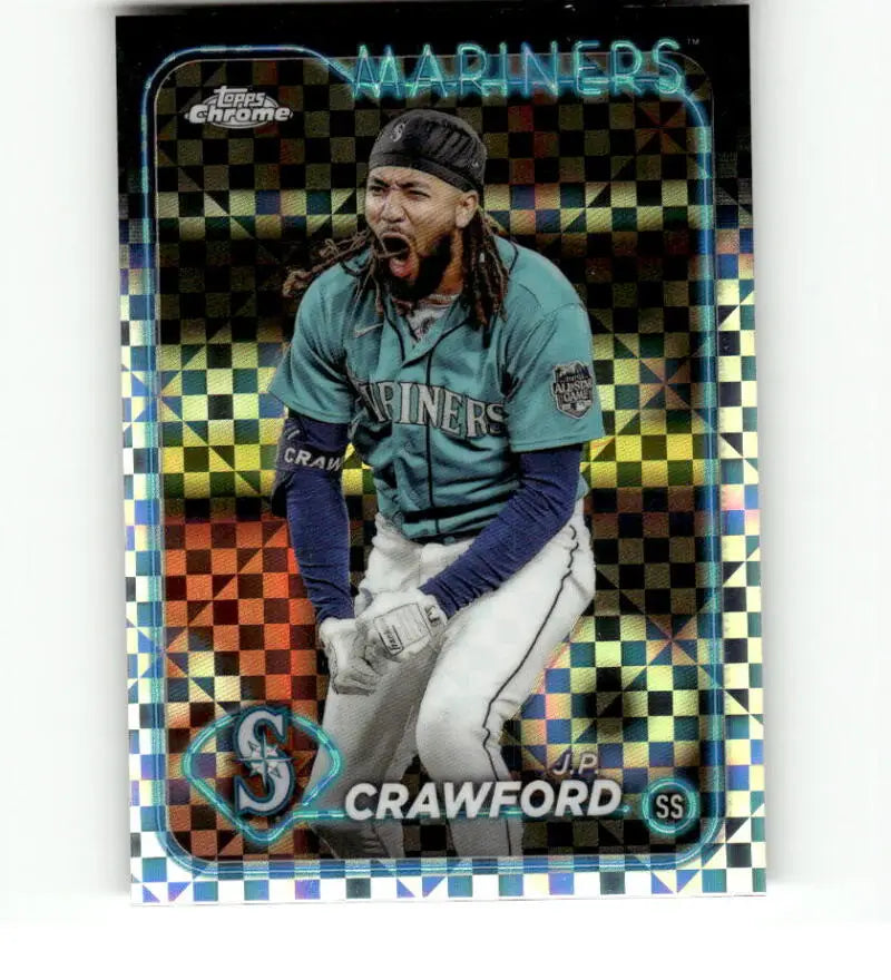 Baseball card of Seattle Mariners player J.P. Crawford in teal jersey number 35