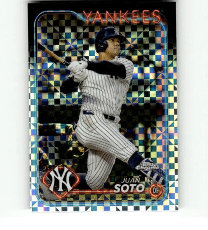 Holographic baseball card of Juan Soto in pinstripes for New York Yankees fans