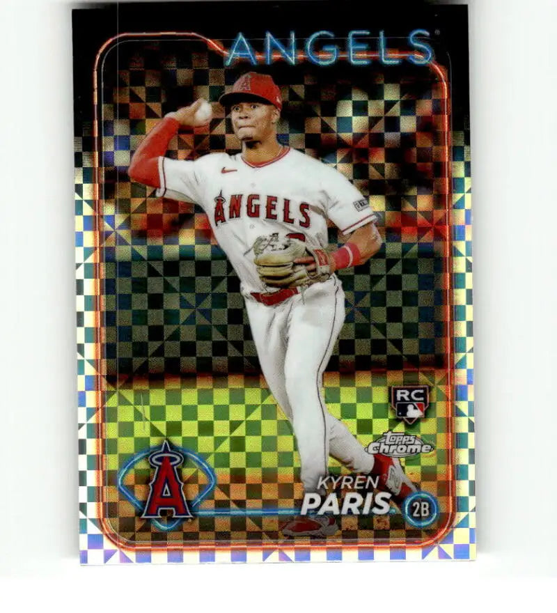 Holographic Los Angeles Angels baseball card of Kyren Paris in a throwing motion