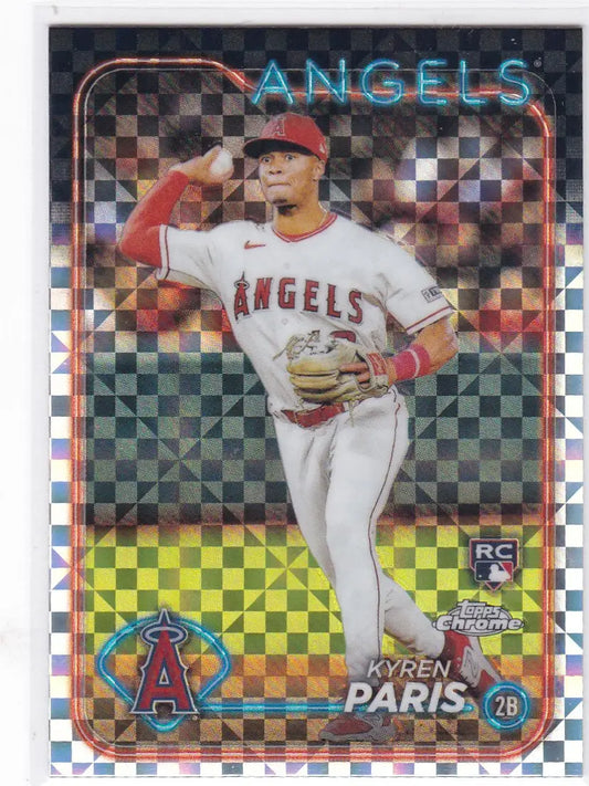 Topps Chrome X-Fractor Kyren Paris RC card of Los Angeles Angels player throwing baseball