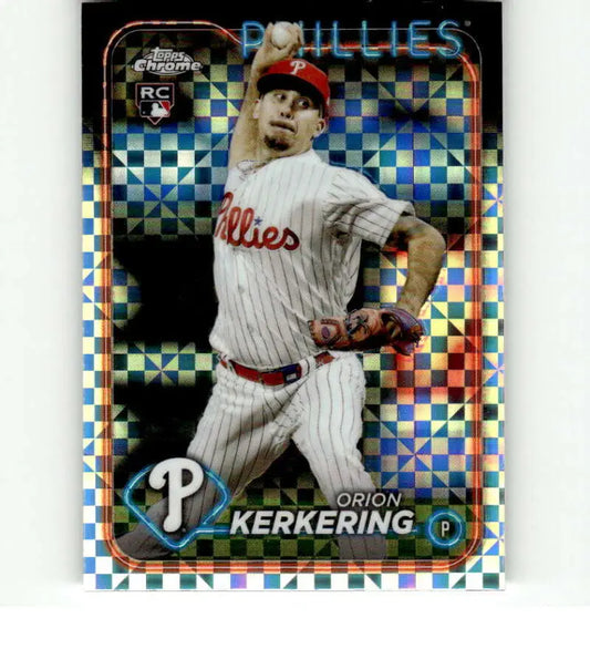 Holographic Orion Kerkering Philadelphia Phillies Baseball Card in pinstriped uniform