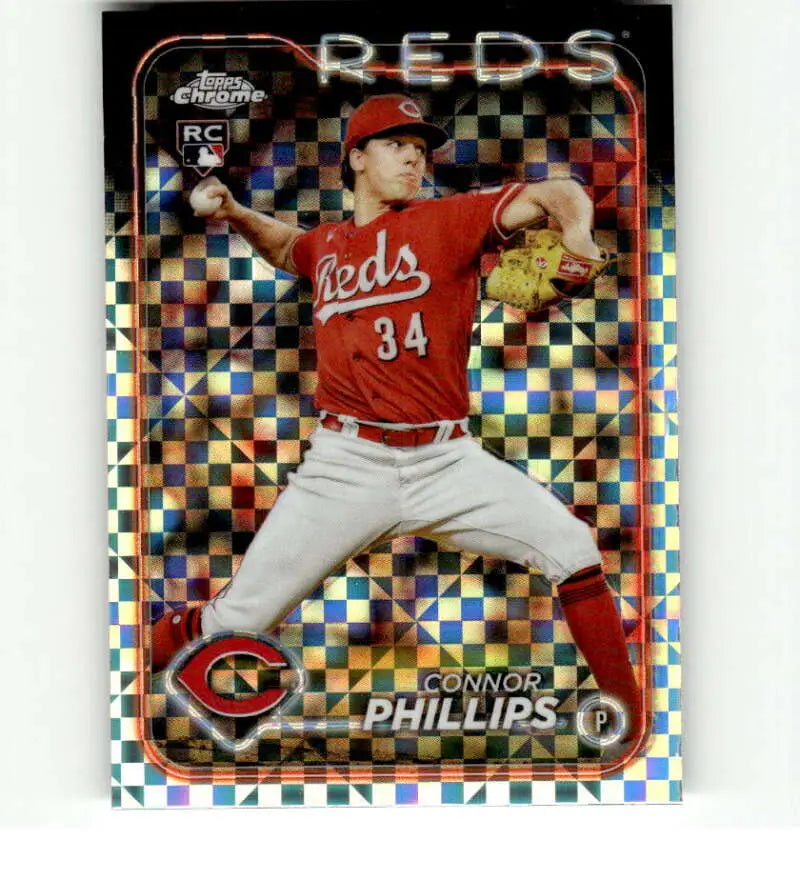 Connor Phillips pitching on a Cincinnati Reds X-Fractor baseball card with a chrome pattern