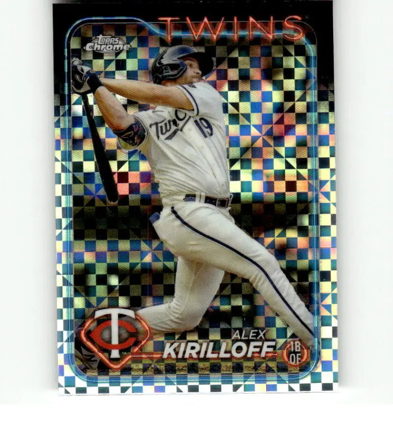 Holographic Topps Chrome Baseball Card of Alex Kirilloff swinging for the Minnesota Twins