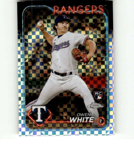 Baseball card of Owen White, Texas Rangers pitcher in mid-throw with holographic design