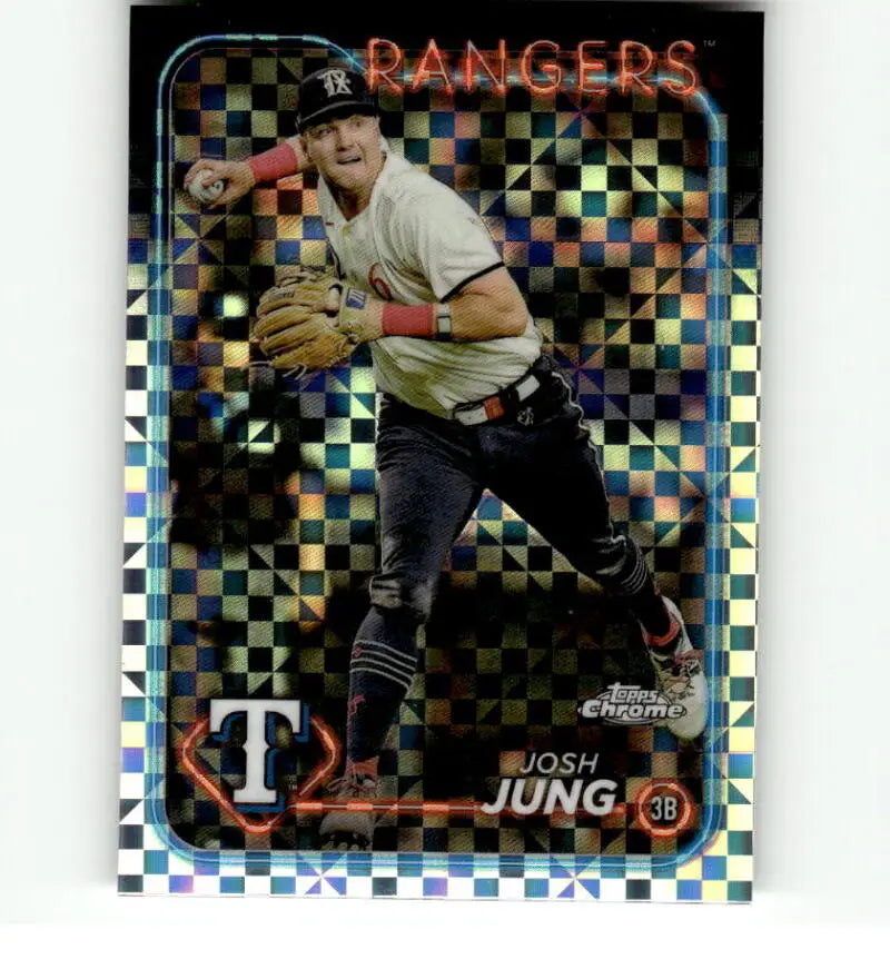 Holographic baseball card of Josh Jung fielding for Texas Rangers in 2024 Topps Chrome