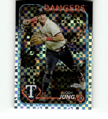 Holographic baseball card of Josh Jung fielding for Texas Rangers in 2024 Topps Chrome