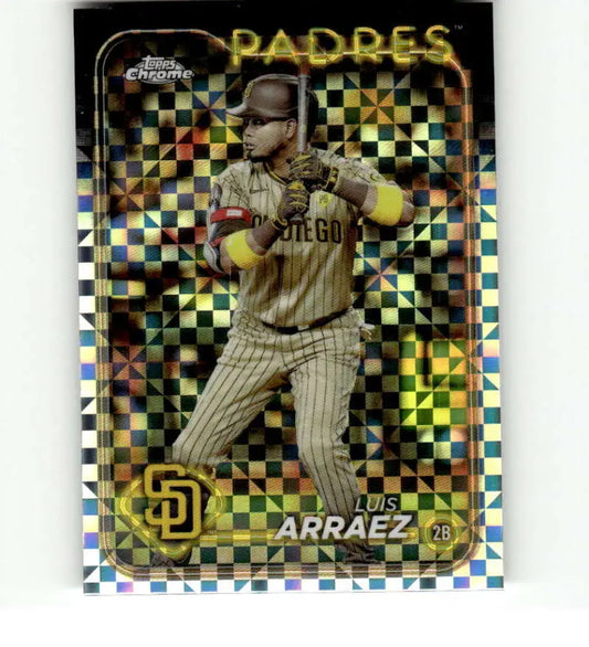 Holographic Topps Chrome card of Luis Arraez in San Diego Padres pinstripe uniform