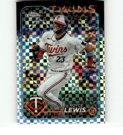 Shiny Topps Chrome Minnesota Twins card of Royce Lewis in home uniform 23 with checkerboard pattern