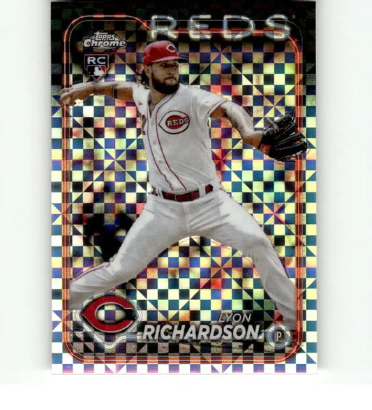 Chrome X-Fractor baseball card of Lyon Richardson, Cincinnati Reds pitcher in action