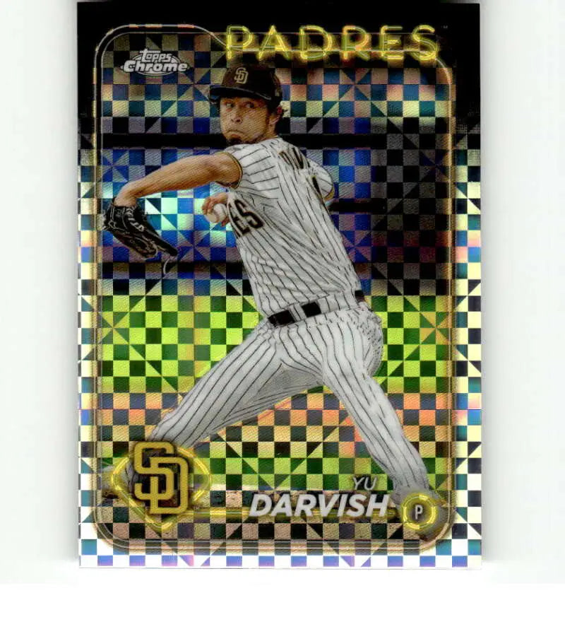 Holographic baseball card of San Diego Padres pitcher Yu Darvish in pinstripe uniform